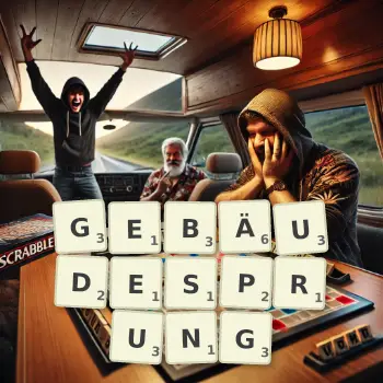 Kreative Illustration für ein Scrabble-Spiel, bei dem das Wort GEBÄUDESPRUNG mit Steinen auf dem Brett gelegt wurde.