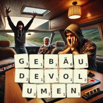 Kreative Illustration für ein Scrabble-Spiel, bei dem das Wort GEBÄUDEVOLUMEN mit Steinen auf dem Brett gelegt wurde.