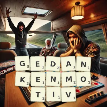 Kreative Illustration für ein Scrabble-Spiel, bei dem das Wort GEDANKENMOTIV mit Steinen auf dem Brett gelegt wurde.