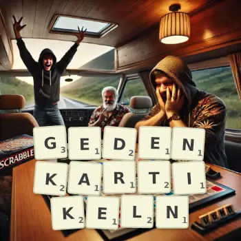 Kreative Illustration für ein Scrabble-Spiel, bei dem das Wort GEDENKARTIKELN mit Steinen auf dem Brett gelegt wurde.