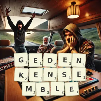 Kreative Illustration für ein Scrabble-Spiel, bei dem das Wort GEDENKENSEMBLE mit Steinen auf dem Brett gelegt wurde.