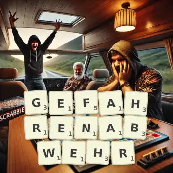 Kreative Illustration für ein Scrabble-Spiel, bei dem das Wort GEFAHRENABWEHR mit Steinen auf dem Brett gelegt wurde.