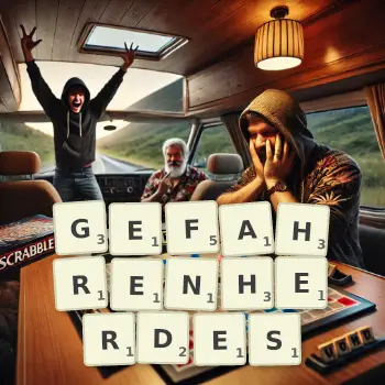 Kreative Illustration für ein Scrabble-Spiel, bei dem das Wort GEFAHRENHERDES mit Steinen auf dem Brett gelegt wurde.