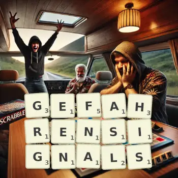 Kreative Illustration für ein Scrabble-Spiel, bei dem das Wort GEFAHRENSIGNALS mit Steinen auf dem Brett gelegt wurde.