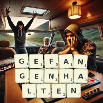 Kreative Illustration für ein Scrabble-Spiel, bei dem das Wort GEFANGENHALTEN mit Steinen auf dem Brett gelegt wurde.