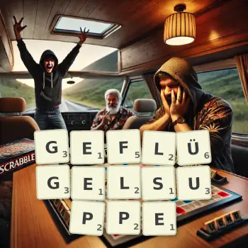 Kreative Illustration für ein Scrabble-Spiel, bei dem das Wort GEFLÜGELSUPPE mit Steinen auf dem Brett gelegt wurde.
