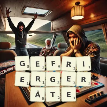 Kreative Illustration für ein Scrabble-Spiel, bei dem das Wort GEFRIERGERÄTE mit Steinen auf dem Brett gelegt wurde.