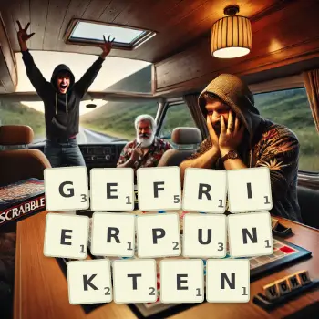 Kreative Illustration für ein Scrabble-Spiel, bei dem das Wort GEFRIERPUNKTEN mit Steinen auf dem Brett gelegt wurde.