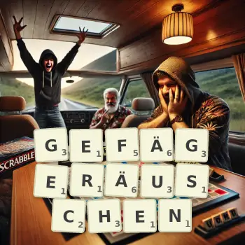 Kreative Illustration für ein Scrabble-Spiel, bei dem das Wort GEFÄGERÄUSCHEN mit Steinen auf dem Brett gelegt wurde.