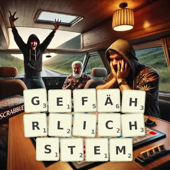 Kreative Illustration für ein Scrabble-Spiel, bei dem das Wort GEFÄHRLICHSTEM mit Steinen auf dem Brett gelegt wurde.
