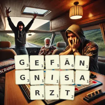 Kreative Illustration für ein Scrabble-Spiel, bei dem das Wort GEFÄNGNISARZT mit Steinen auf dem Brett gelegt wurde.
