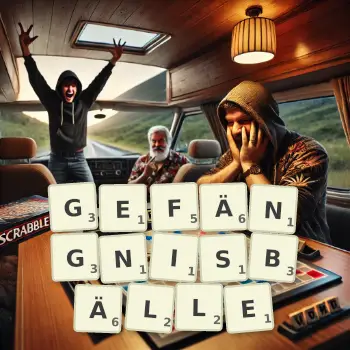 Kreative Illustration für ein Scrabble-Spiel, bei dem das Wort GEFÄNGNISBÄLLE mit Steinen auf dem Brett gelegt wurde.