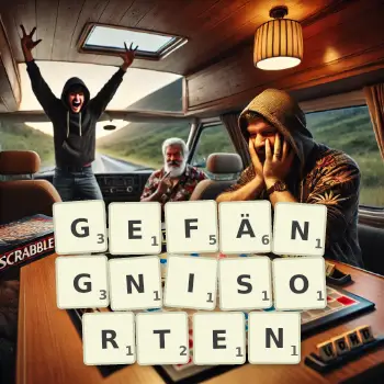 Kreative Illustration für ein Scrabble-Spiel, bei dem das Wort GEFÄNGNISORTEN mit Steinen auf dem Brett gelegt wurde.
