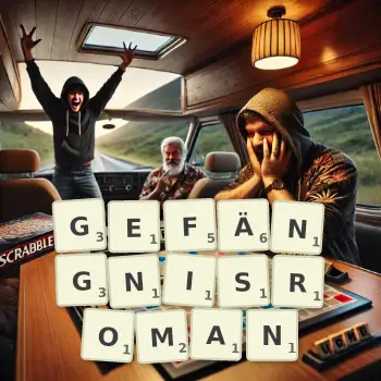 Kreative Illustration für ein Scrabble-Spiel, bei dem das Wort GEFÄNGNISROMAN mit Steinen auf dem Brett gelegt wurde.