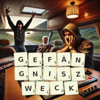 Kreative Illustration für ein Scrabble-Spiel, bei dem das Wort GEFÄNGNISZWECK mit Steinen auf dem Brett gelegt wurde.