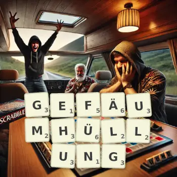 Kreative Illustration für ein Scrabble-Spiel, bei dem das Wort GEFÄUMHÜLLUNG mit Steinen auf dem Brett gelegt wurde.