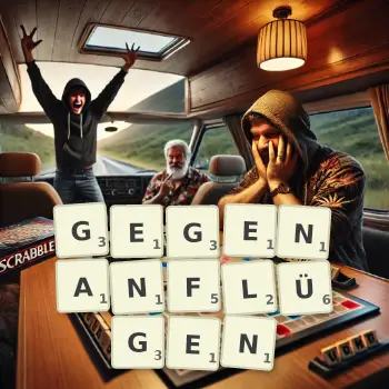 Kreative Illustration für ein Scrabble-Spiel, bei dem das Wort GEGENANFLÜGEN mit Steinen auf dem Brett gelegt wurde.
