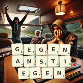 Kreative Illustration für ein Scrabble-Spiel, bei dem das Wort GEGENANSTIEGEN mit Steinen auf dem Brett gelegt wurde.
