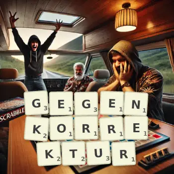 Kreative Illustration für ein Scrabble-Spiel, bei dem das Wort GEGENKORREKTUR mit Steinen auf dem Brett gelegt wurde.