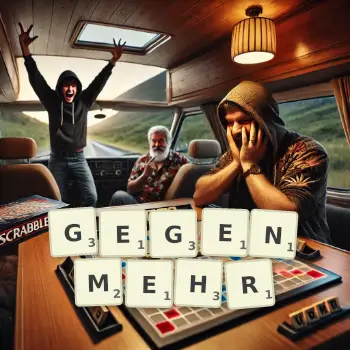 Kreative Illustration für ein Scrabble-Spiel, bei dem das Wort GEGENMEHR mit Steinen auf dem Brett gelegt wurde.