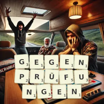 Kreative Illustration für ein Scrabble-Spiel, bei dem das Wort GEGENPRÜFUNGEN mit Steinen auf dem Brett gelegt wurde.