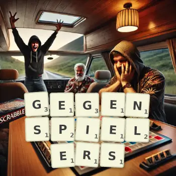 Kreative Illustration für ein Scrabble-Spiel, bei dem das Wort GEGENSPIELERS mit Steinen auf dem Brett gelegt wurde.