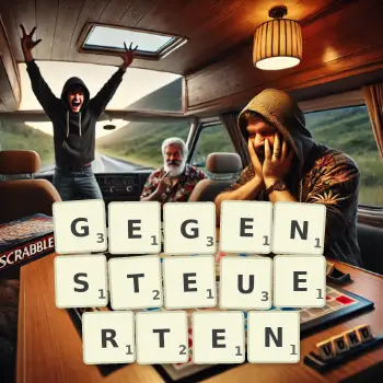 Kreative Illustration für ein Scrabble-Spiel, bei dem das Wort GEGENSTEUERTEN mit Steinen auf dem Brett gelegt wurde.