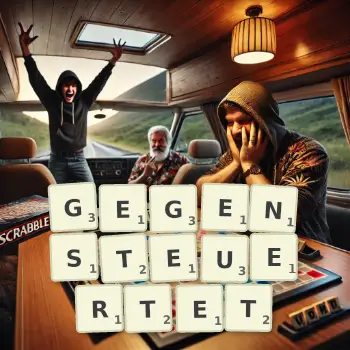 Kreative Illustration für ein Scrabble-Spiel, bei dem das Wort GEGENSTEUERTET mit Steinen auf dem Brett gelegt wurde.