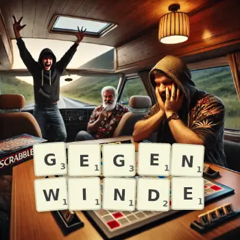 Kreative Illustration für ein Scrabble-Spiel, bei dem das Wort GEGENWINDE mit Steinen auf dem Brett gelegt wurde.