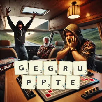 Kreative Illustration für ein Scrabble-Spiel, bei dem das Wort GEGRUPPTE mit Steinen auf dem Brett gelegt wurde.