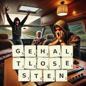 Kreative Illustration für ein Scrabble-Spiel, bei dem das Wort GEHALTLOSESTEN mit Steinen auf dem Brett gelegt wurde.