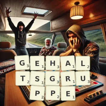 Kreative Illustration für ein Scrabble-Spiel, bei dem das Wort GEHALTSGRUPPE mit Steinen auf dem Brett gelegt wurde.