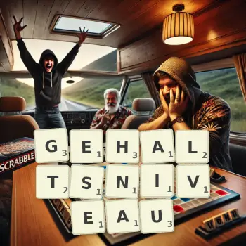 Kreative Illustration für ein Scrabble-Spiel, bei dem das Wort GEHALTSNIVEAU mit Steinen auf dem Brett gelegt wurde.