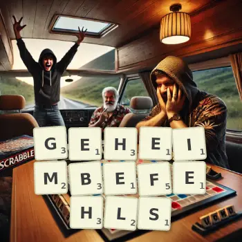 Kreative Illustration für ein Scrabble-Spiel, bei dem das Wort GEHEIMBEFEHLS mit Steinen auf dem Brett gelegt wurde.