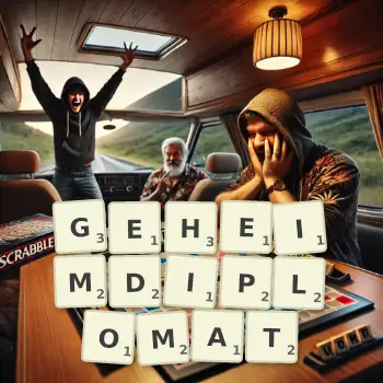 Kreative Illustration für ein Scrabble-Spiel, bei dem das Wort GEHEIMDIPLOMAT mit Steinen auf dem Brett gelegt wurde.