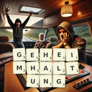 Kreative Illustration für ein Scrabble-Spiel, bei dem das Wort GEHEIMHALTUNG mit Steinen auf dem Brett gelegt wurde.