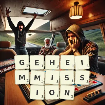 Kreative Illustration für ein Scrabble-Spiel, bei dem das Wort GEHEIMMISSION mit Steinen auf dem Brett gelegt wurde.