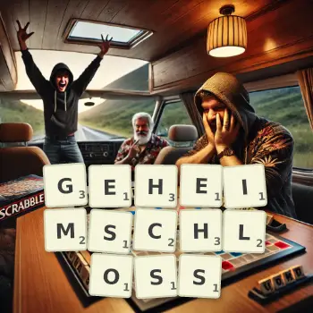 Kreative Illustration für ein Scrabble-Spiel, bei dem das Wort GEHEIMSCHLOSS mit Steinen auf dem Brett gelegt wurde.