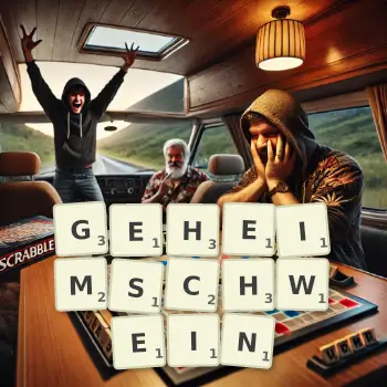 Kreative Illustration für ein Scrabble-Spiel, bei dem das Wort GEHEIMSCHWEIN mit Steinen auf dem Brett gelegt wurde.