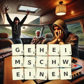 Kreative Illustration für ein Scrabble-Spiel, bei dem das Wort GEHEIMSCHWEINEN mit Steinen auf dem Brett gelegt wurde.