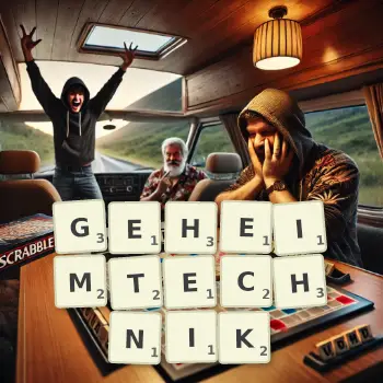 Kreative Illustration für ein Scrabble-Spiel, bei dem das Wort GEHEIMTECHNIK mit Steinen auf dem Brett gelegt wurde.