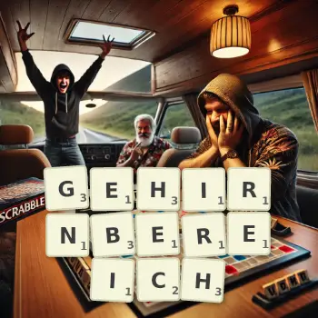 Kreative Illustration für ein Scrabble-Spiel, bei dem das Wort GEHIRNBEREICH mit Steinen auf dem Brett gelegt wurde.