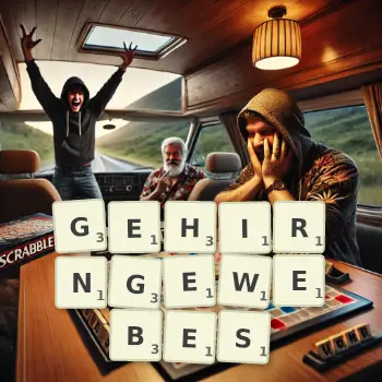 Kreative Illustration für ein Scrabble-Spiel, bei dem das Wort GEHIRNGEWEBES mit Steinen auf dem Brett gelegt wurde.