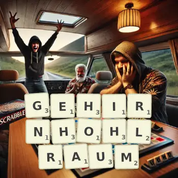 Kreative Illustration für ein Scrabble-Spiel, bei dem das Wort GEHIRNHOHLRAUM mit Steinen auf dem Brett gelegt wurde.