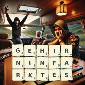 Kreative Illustration für ein Scrabble-Spiel, bei dem das Wort GEHIRNINFARKTES mit Steinen auf dem Brett gelegt wurde.