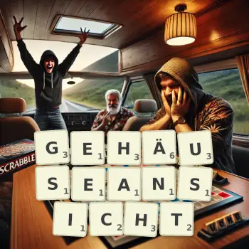 Kreative Illustration für ein Scrabble-Spiel, bei dem das Wort GEHÄUSEANSICHT mit Steinen auf dem Brett gelegt wurde.