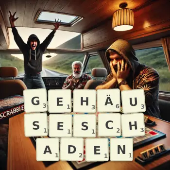 Kreative Illustration für ein Scrabble-Spiel, bei dem das Wort GEHÄUSESCHADEN mit Steinen auf dem Brett gelegt wurde.