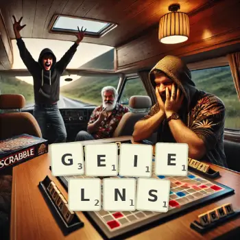 Kreative Illustration für ein Scrabble-Spiel, bei dem das Wort GEIELNS mit Steinen auf dem Brett gelegt wurde.