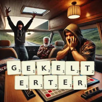 Kreative Illustration für ein Scrabble-Spiel, bei dem das Wort GEKELTERTER mit Steinen auf dem Brett gelegt wurde.