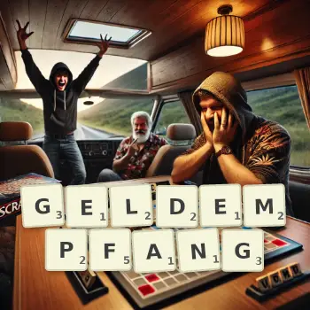 Kreative Illustration für ein Scrabble-Spiel, bei dem das Wort GELDEMPFANG mit Steinen auf dem Brett gelegt wurde.